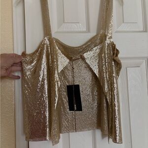 Gold Metallic Sequin Shinny Mesh Top